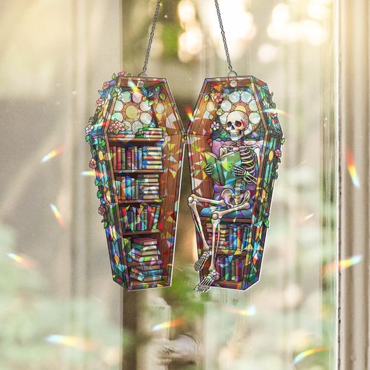 Skeleton Book Lover Suncatcher  Coffin Bookshelf Stained Glass Gothic Window Decor