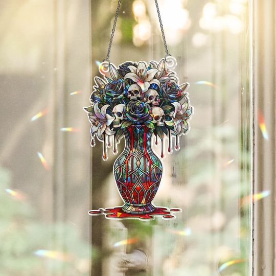 Discover Gothic Skull Flower Vase Suncatcher  Dark Floral Stained Glass Window Decor