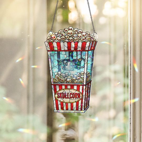 Discover Skullcorn Stained Glass Suncatcher - Gothic Popcorn Horror Window Decor