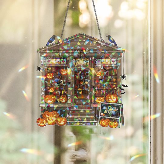 Discover Halloween Bookshop Suncatcher - Spooky Reading Decor - Pumpkin Library Window Art