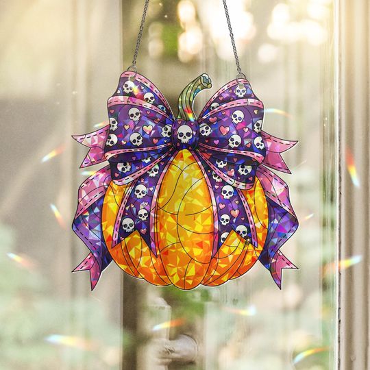Discover Holographic Pumpkin Suncatcher: Spooky Skull Bow Window Decor