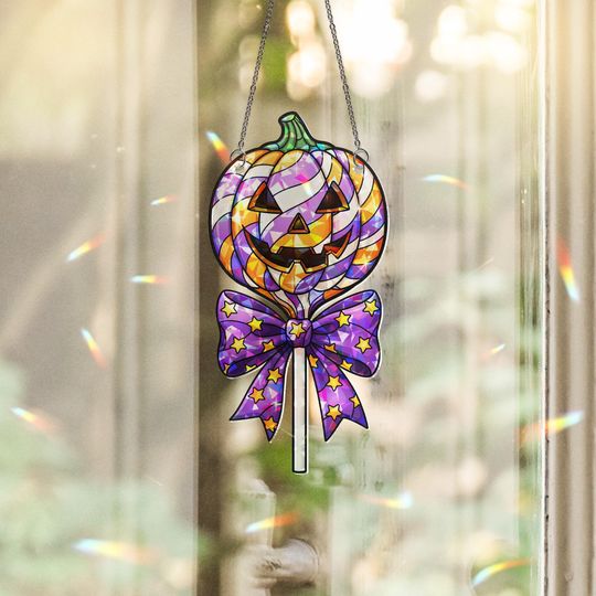 Discover Halloween Pumpkin Stained Glass Suncatcher - Jack-o'-Lantern Window Hanging Decoration