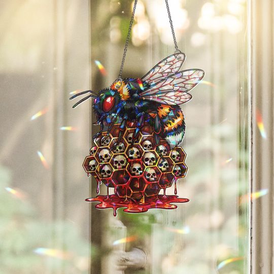Discover Gothic Bee Stained Glass Suncatcher - Skull Honeycomb Horror Window Decor