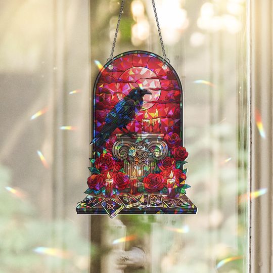 Discover Raven Tarot Suncatcher  Gothic Window Decor with Roses and Candles