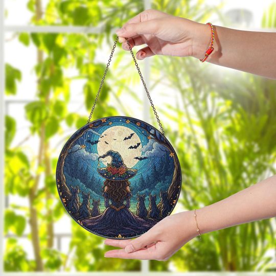 Witch Cat Moon Suncatcher  Halloween Window Hanging Gothic Witchy Decor