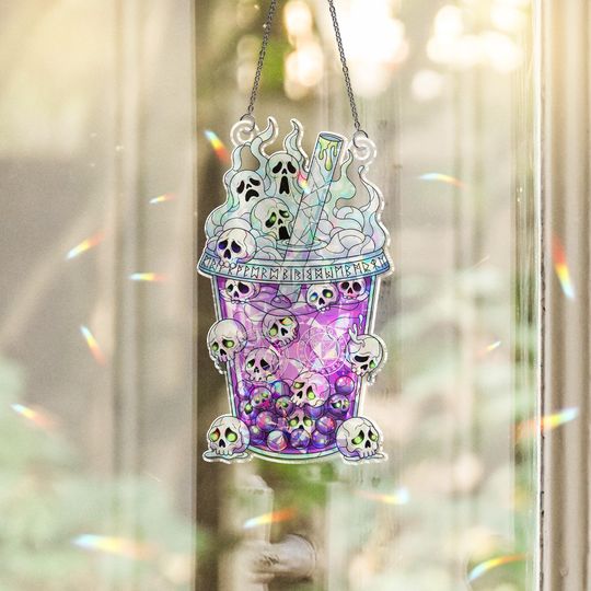 Discover Skull Boba Suncatcher  Holographic Spooky Bubble Tea Halloween Window Decor
