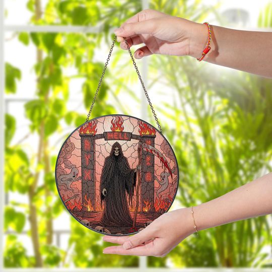 Discover Grim Reaper Stained Glass Suncatcher: Gothic Halloween Window Decor
