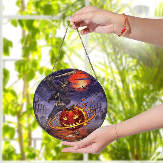 Discover Skeleton Baseball Halloween Suncatcher  Spooky Jack O'Lantern Glass Decor  Gothic Pumpkin Window Art