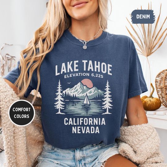 Discover Retro Lake Tahoe Garment-Dyed T-shirt, Vintage Comfort Colors Tee, Unisex Outdoor Shirt, Mountain Graphic Tee, Lake Lover Gift