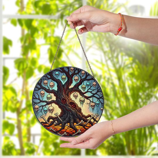 Discover Skull Tree Stained Glass Suncatcher: Gothic Halloween Window Decor