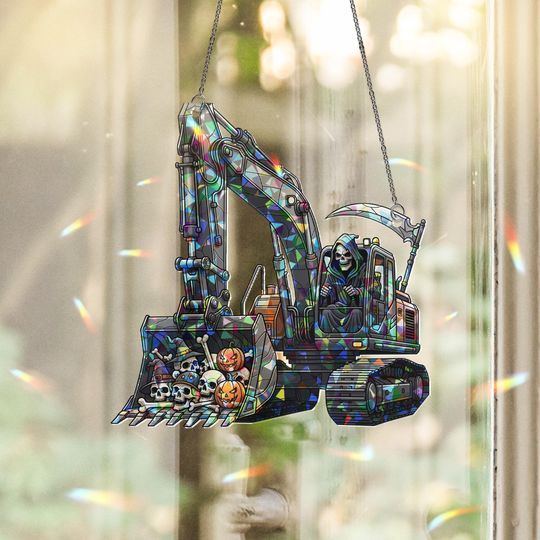 Discover Grim Reaper Excavator Suncatcher  Halloween Stained Glass Skull & Pumpkin Window Hanging  Creepy Construction Decor