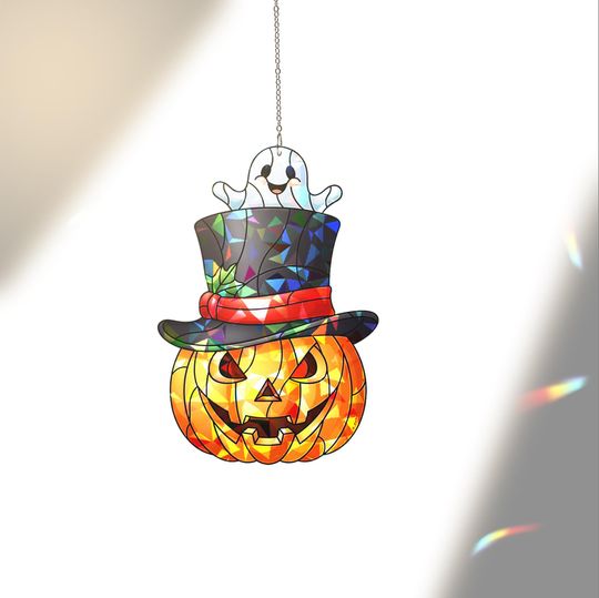 Discover Holographic Pumpkin Ghost Suncatcher: Halloween Window Hanging with Top Hat