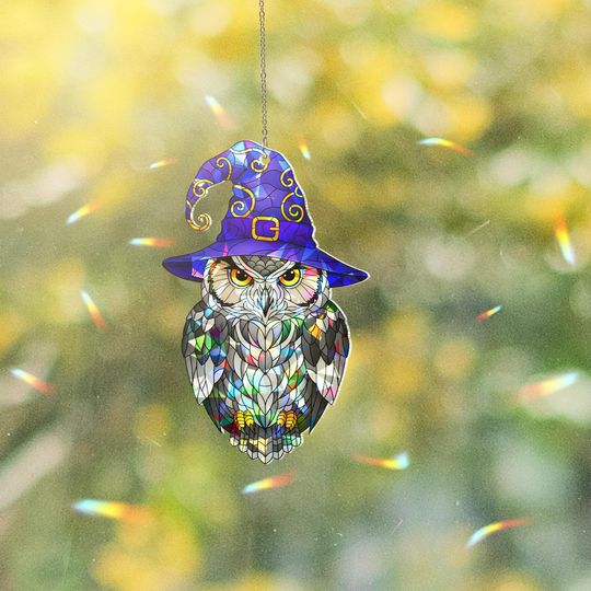 Discover Hologram Owl Suncatcher: Witchy Stained Glass Style Halloween Decor