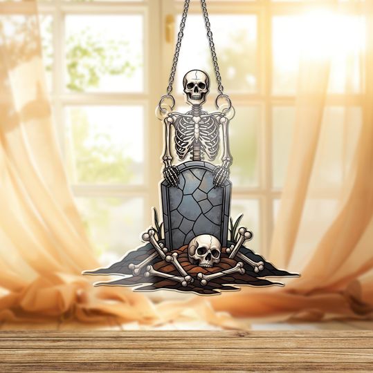 Discover Hologram Skeleton Graveyard Suncatcher: Gothic Halloween Window Decor