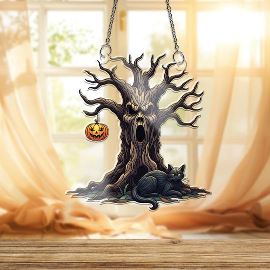 Discover Holographic Spooky Tree & Black Cat Suncatcher: Halloween Window Hanging