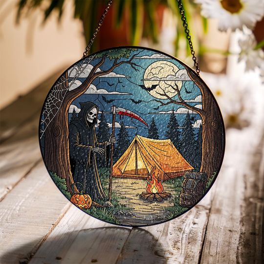 Discover Grim Reaper Stained Glass Suncatcher: Halloween Campfire Decor