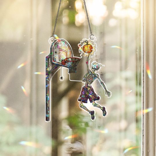 Discover Skeleton Basketball Halloween Suncatcher - Spooky Dunking Pumpkin Sports Decor - Gothic Athlete Gift