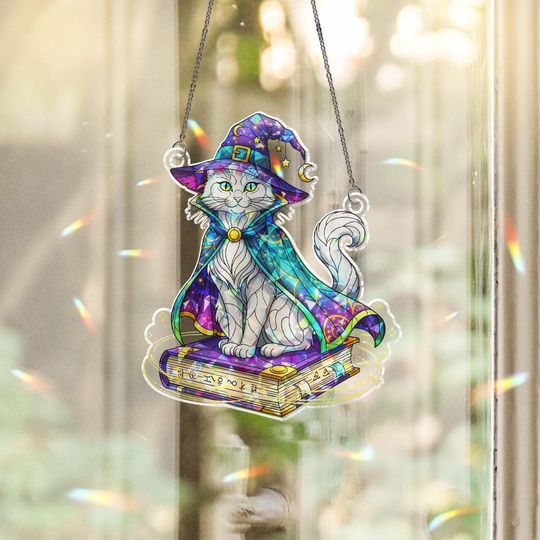 Discover Wizard Cat Suncatcher  Magical Halloween Window Decor, Witchy Kitty on Spellbook Art Glass