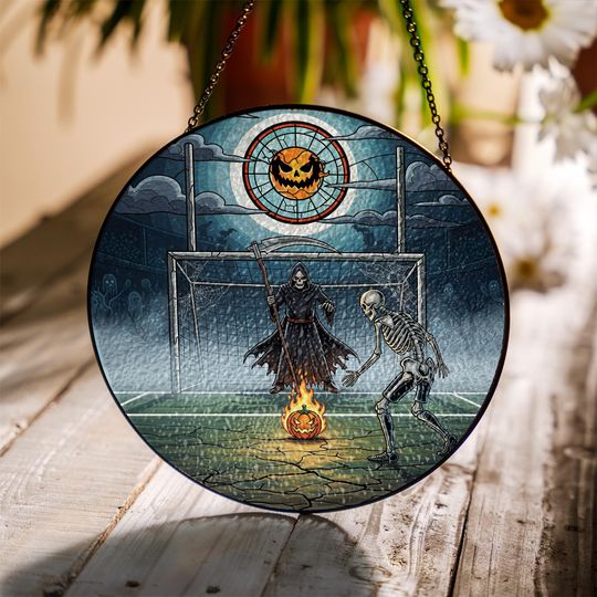 Discover Skeleton Soccer Halloween Suncatcher - Grim Reaper Pumpkin Sports Decor - Spooky Football Gift