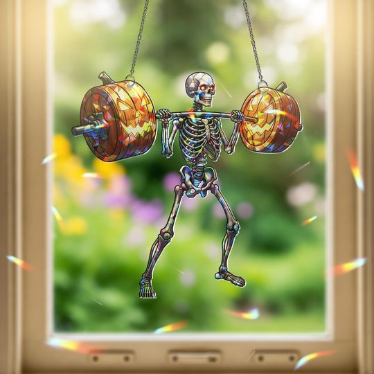 Discover Skeleton Weightlifting Pumpkin Suncatcher - Funny Halloween Gym Decor - Jack OLantern Fitness Gift