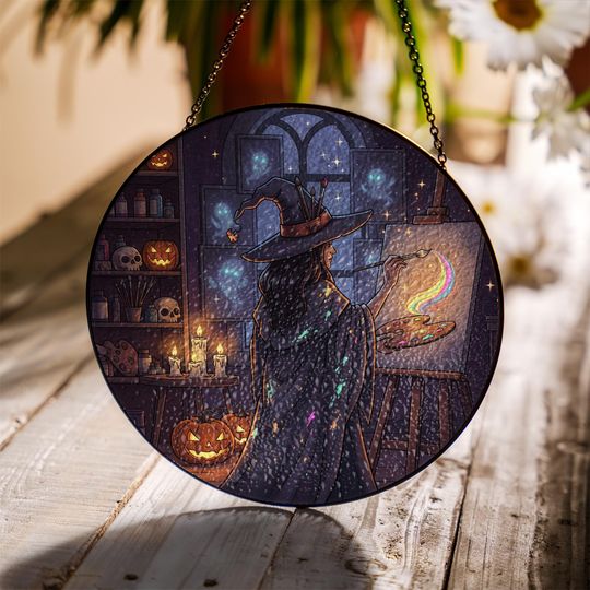 Discover Witch Painting Suncatcher  Halloween Rainbow Art Glass Decor, Spooky Witchy Window Hanging