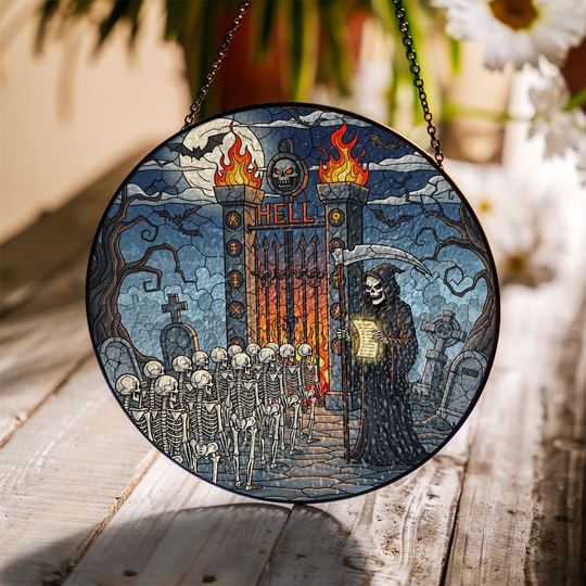 Discover Grim Reaper Suncatcher: Gothic Halloween Window Decor, Dark Fantasy Art
