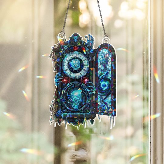 Discover Holographic Haunted Clock Suncatcher: Gothic Skull Stained Glass Ornament