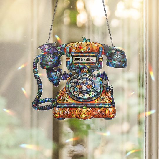 Discover Halloween Phone Suncatcher - Boo Is Calling Retro Spooky Decor - Ghost Pumpkin Window Art