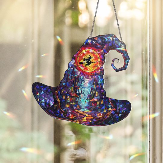 Discover Holographic Witch Hat Suncatcher: Stained Glass Halloween Window Decor