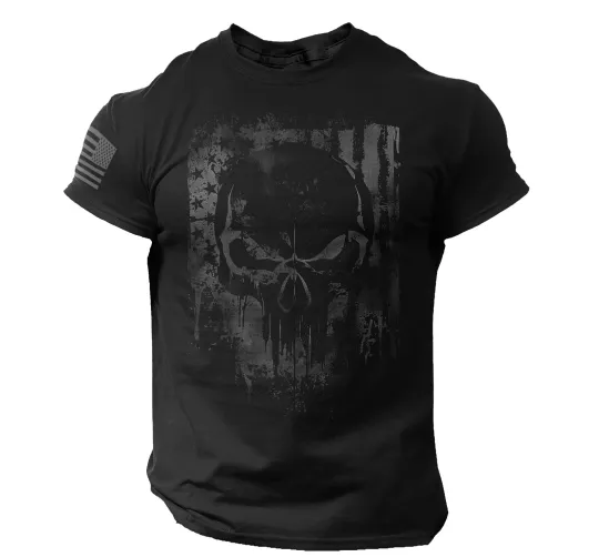 Discover Men's Black Tactical Skull T-Shirt - Distressed American Flag Design, Patriotic