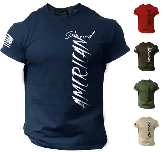 Discover Proud American T Shirt USA Flag Military Patriotic Tee 100% Cotton