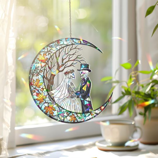 Discover Skeleton Couple Suncatcher: Gothic Stained Glass Style Acrylic Window Hanging