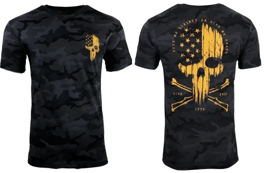 Discover Howitzer Style Men's T-Shirt LIBERTY OR DEATH Black Camo Military Grunt