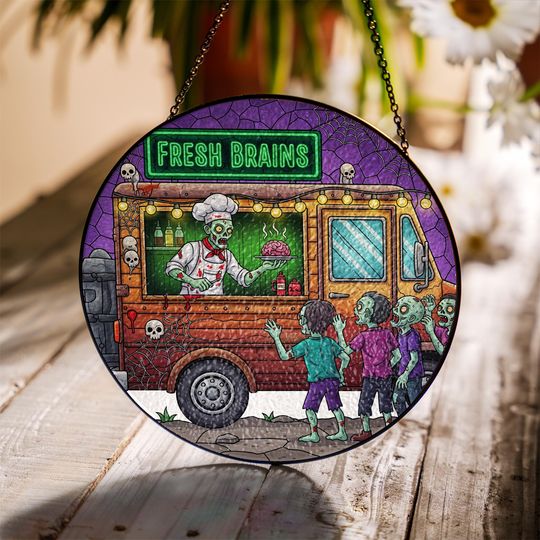 Discover Zombie Food Truck Suncatcher: Halloween Stained Glass Window Hanging
