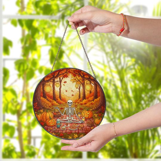 Discover Skeleton Picnic Suncatcher  Halloween Autumn Window Decor with Pumpkins & Leaves