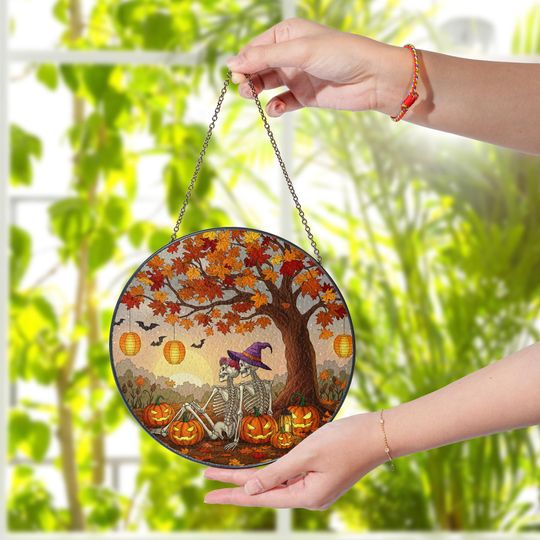Discover Skeleton Couple Fall Suncatcher  Halloween Pumpkin Window Hanging Autumn Decor