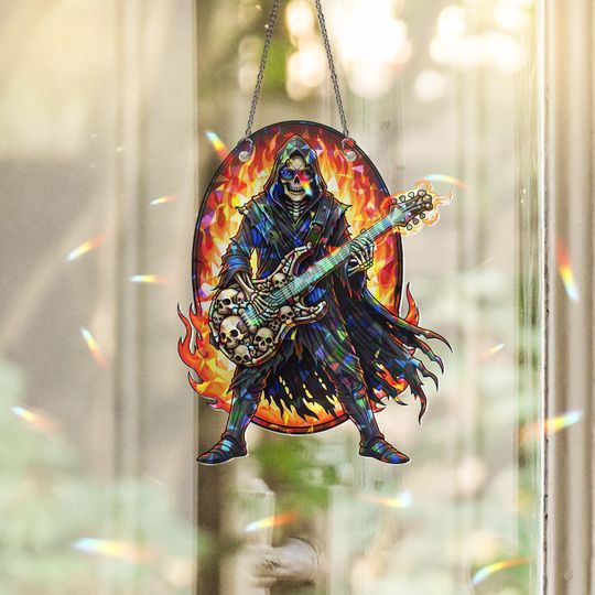 Discover Flaming Skeleton Guitarist Suncatcher  Gothic Halloween Rock Window Hanging Decor