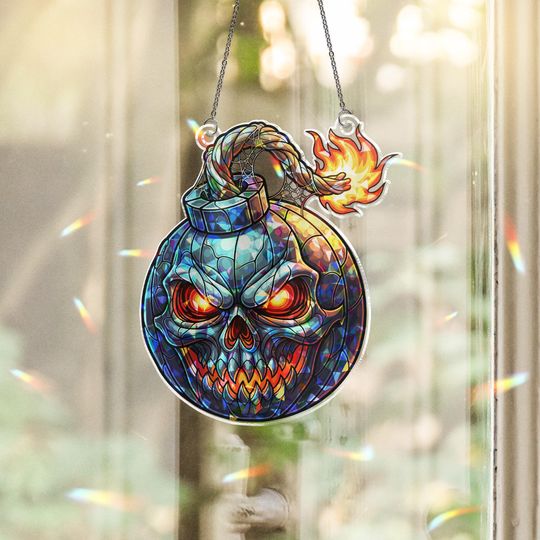 Halloween Skull Bomb Suncatcher  Stained Glass Style Spooky Window Hanging Decor