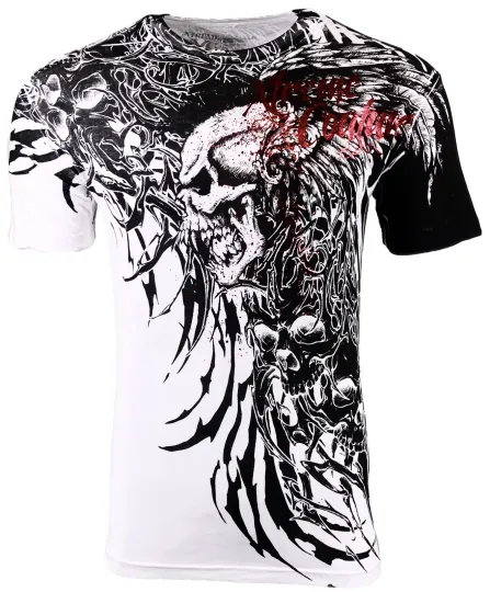 Discover Xtreme Couture Affliction Men's T-Shirt BRUTAL COMBAT White Skull Biker Tattoo