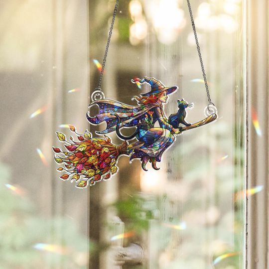 Discover Stained Glass Witch Suncatcher - Halloween Window Decor with Black Cat & Autumn Leaves