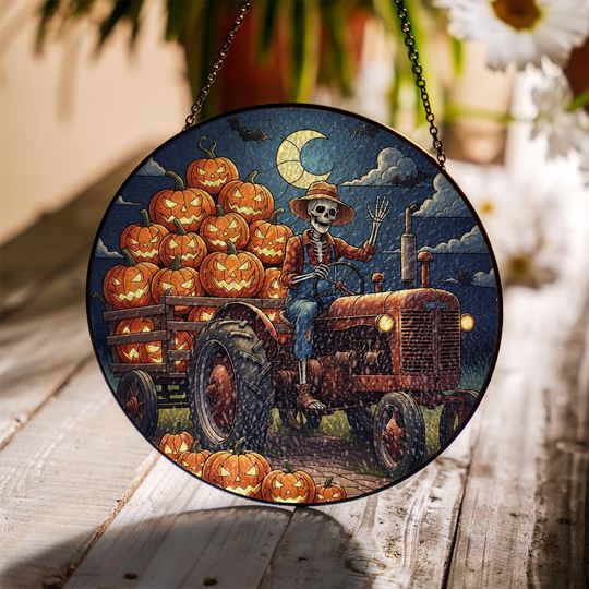 Discover Halloween Skeleton Farmer Suncatcher: Pumpkin Truck Stained Glass Decor