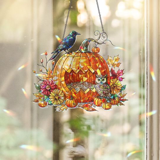 Discover Holographic Pumpkin Owl Suncatcher: Autumn Raven Stained Glass Ornament