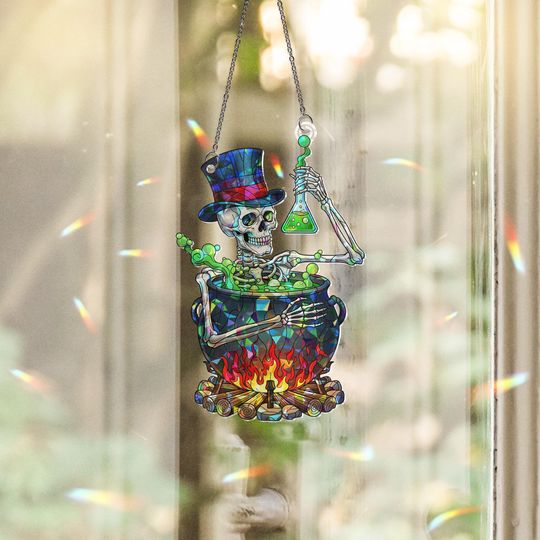 Discover Skeleton Cauldron Suncatcher: Holographic Gothic Halloween Window Art