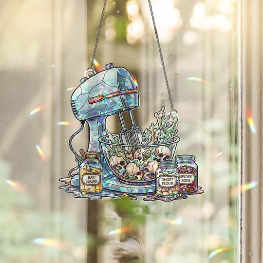 Discover Haunted Kitchen Suncatcher: Witchy Mixer, Skull Cookie Stained Glass