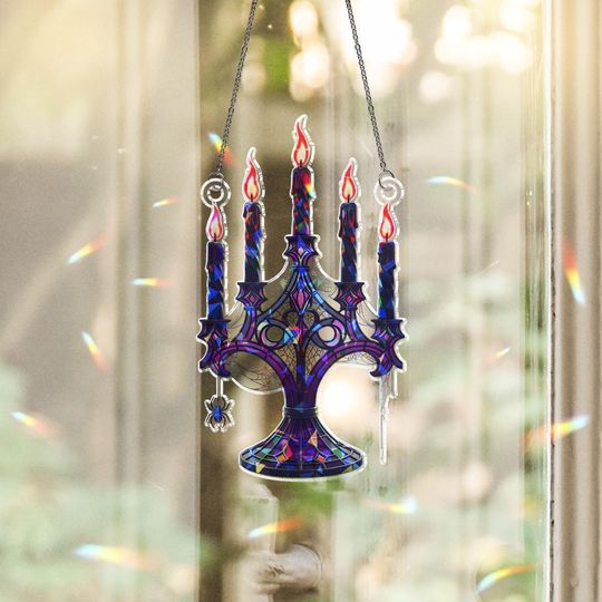 Discover Holographic Broken Glass Suncatcher: Gothic Candelabra Spider Web Window Decor