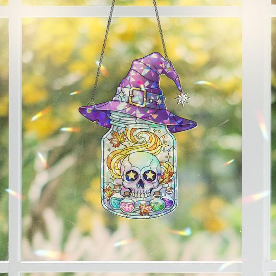 Discover Holographic Witch Hat Skull Suncatcher: Gothic Halloween Window Decor