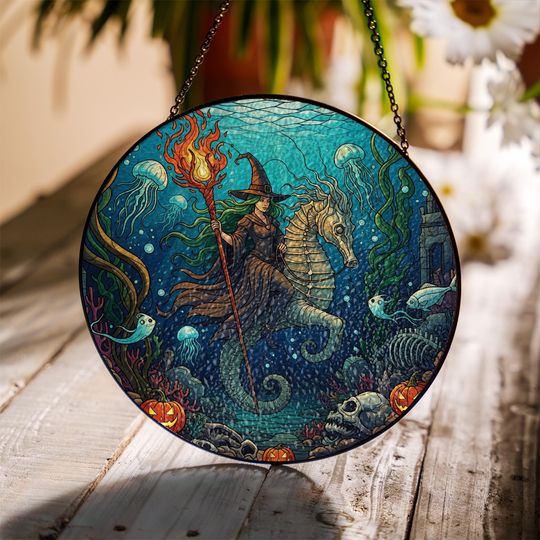 Discover Stained Glass Suncatcher: Underwater Witch, Halloween Sea Decor