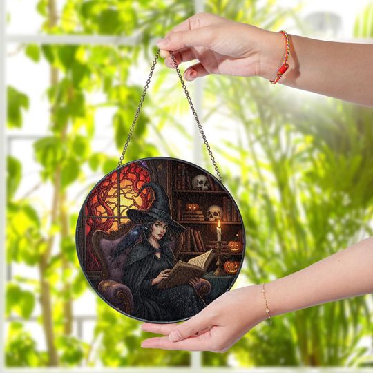 Discover Witch Stained Glass Suncatcher  Gothic Halloween Window Decor with Raven & Books