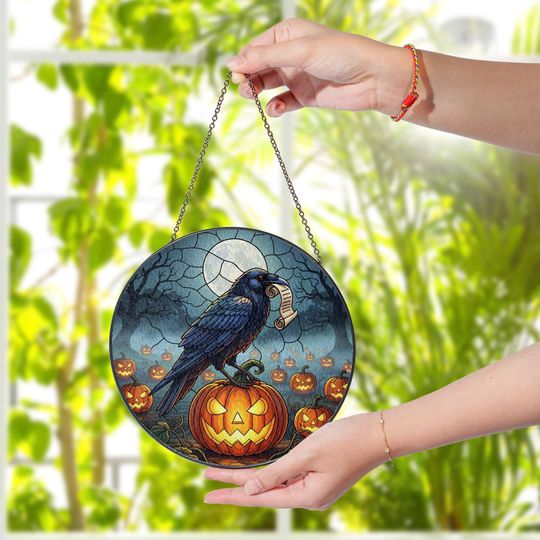 Discover Halloween Raven Suncatcher  Stained Glass Style Window Hanging with Pumpkin & Moon Decor