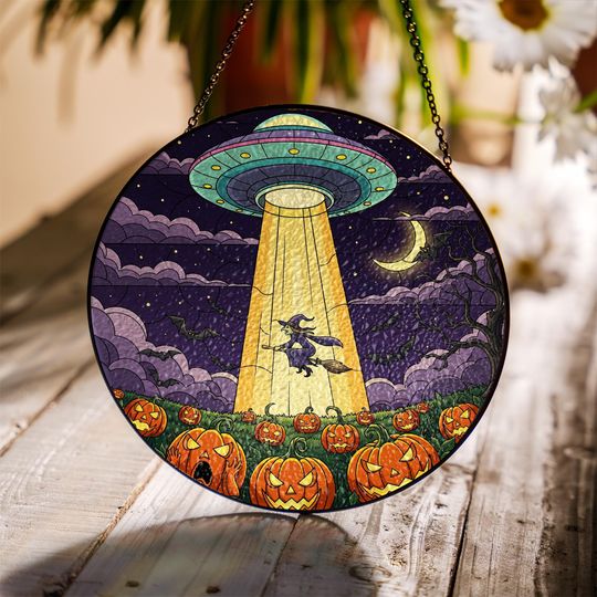 Discover UFO Witch Halloween Suncatcher  Alien Pumpkin Flying Witch Window Decor Gift